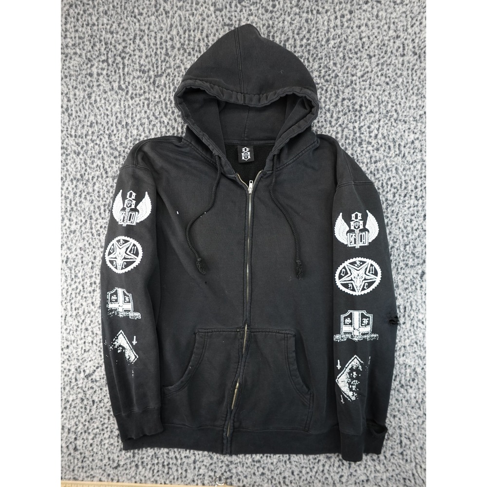 Rebel8 Graphic Zip Hoodie Mens Large Black Occult Metal Streetwear Distressed